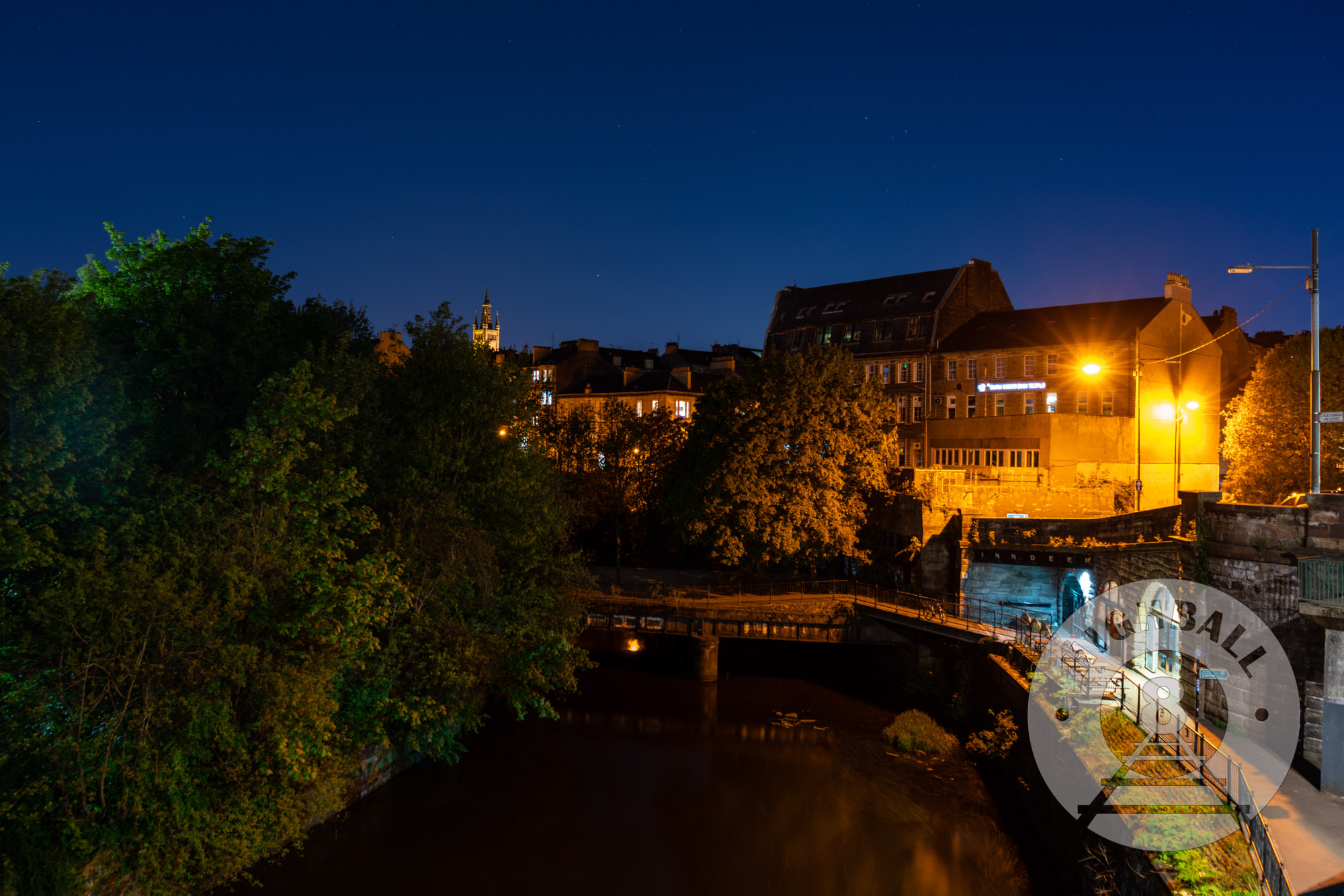 Night shot of the River Kelvin, Kelvinbridge, Glasgow, Scotland, UK, 2018.