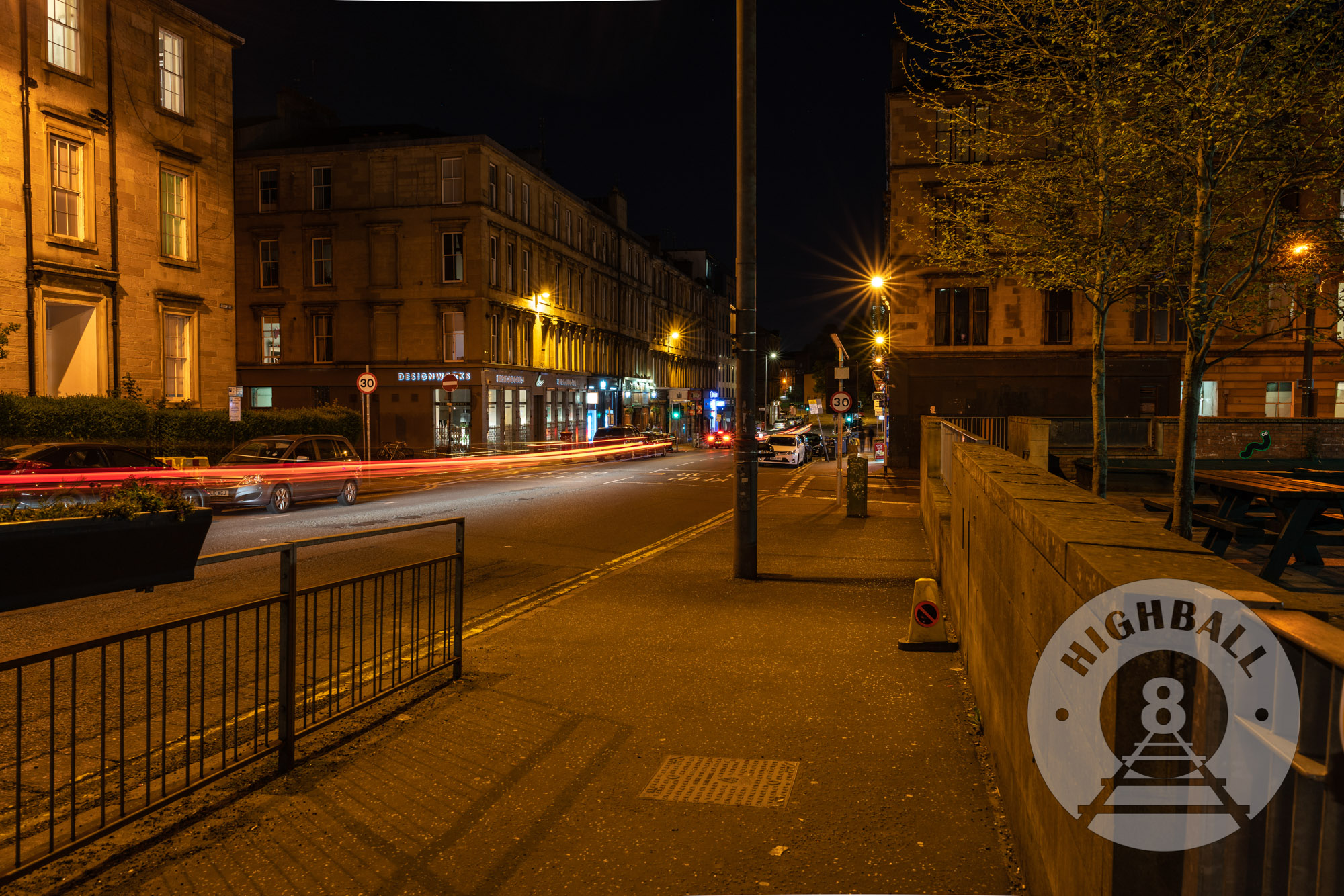 Night shot of Gibson Street, Kelvinbridge, Glasgow, Scotland, UK, 2018.