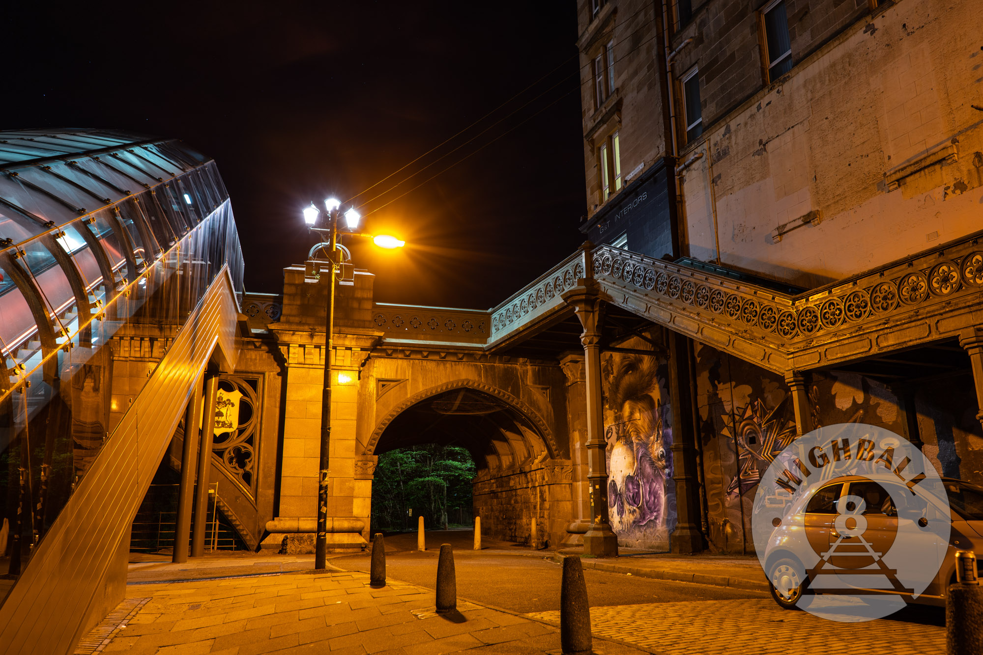 Night scene outside of the Kelvinbridge SPT station, Kelvinbridge, Glasgow, Scotland, UK, 2018.