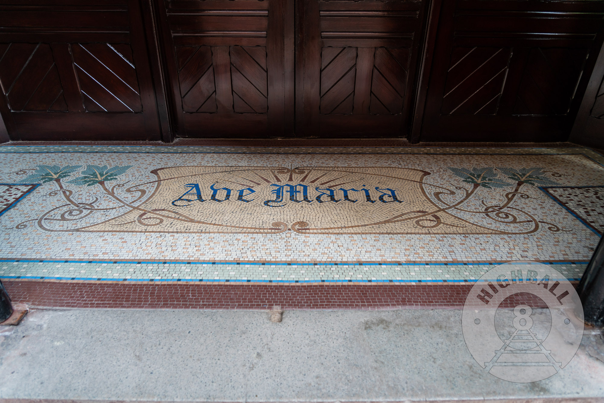 Tilework reading "Ave Maria," at St. Mary's Church, known as the Hidden Gem, Mulberry Street, Manchester, England, UK, 2018.