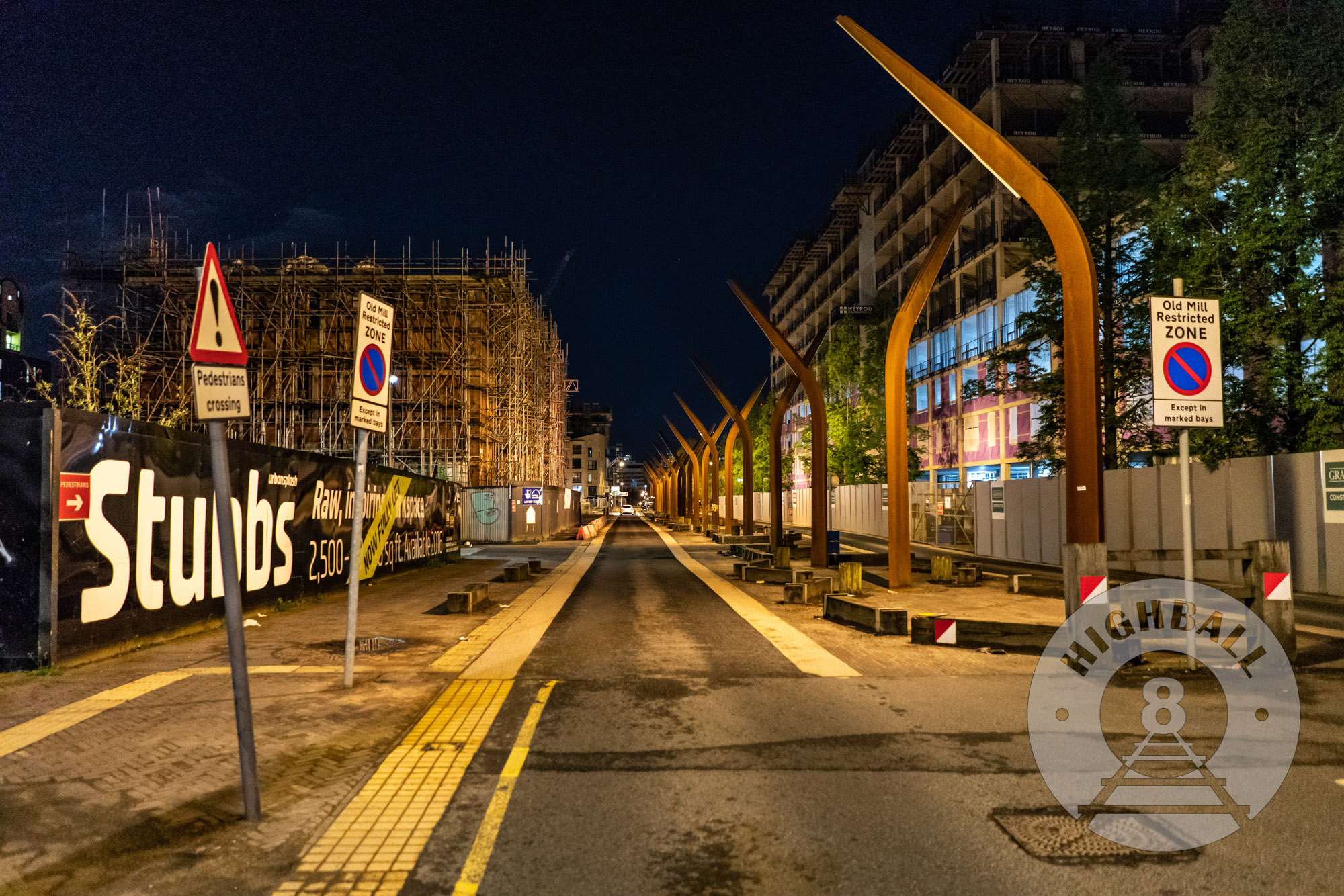 Night photo of Old Mill Street from in front of the Ancoats Dispensary, Ancoats, Manchester, UK, 2018.