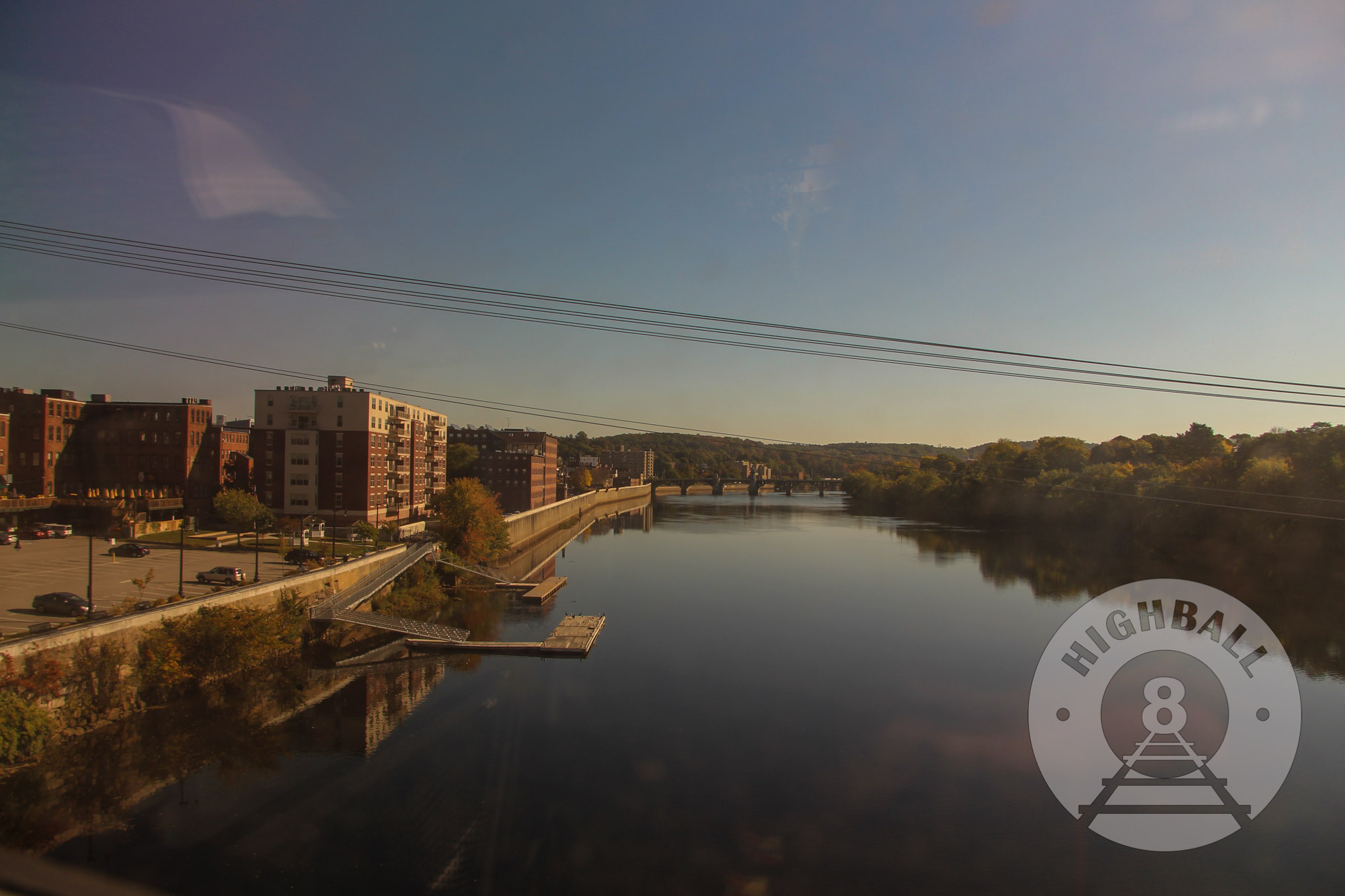 Crossing over the Merrimack River on Amtrak's Downeaster, Haverill, Massachusetts, USA, 2014.