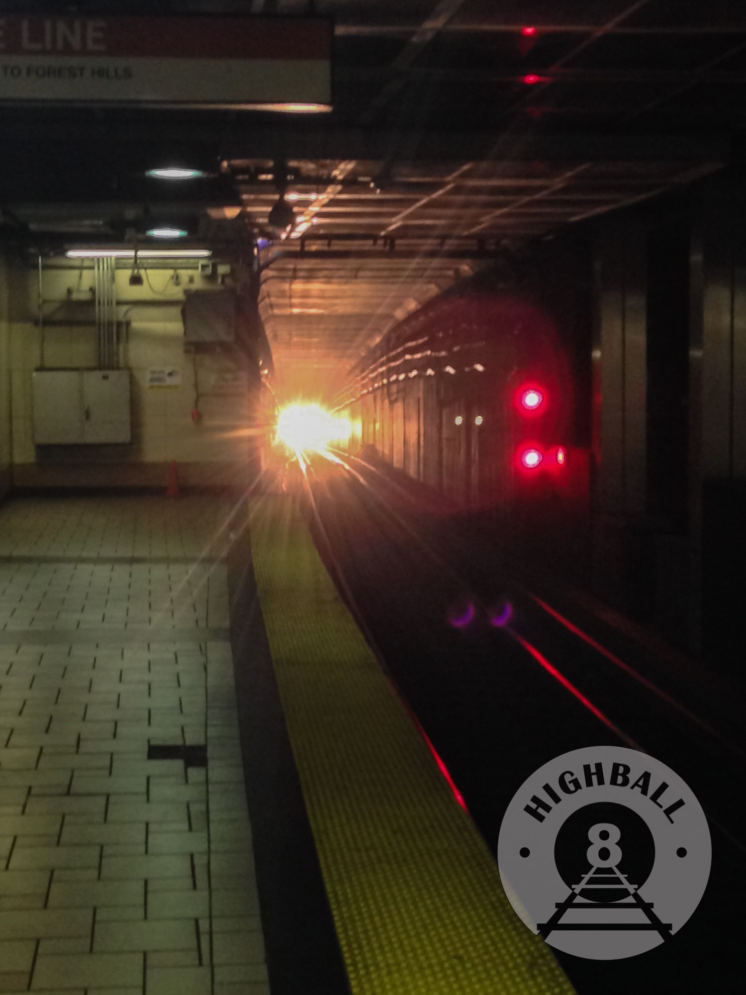 A T subway train approaches a station, Boston, Massachusetts, USA, 2014.