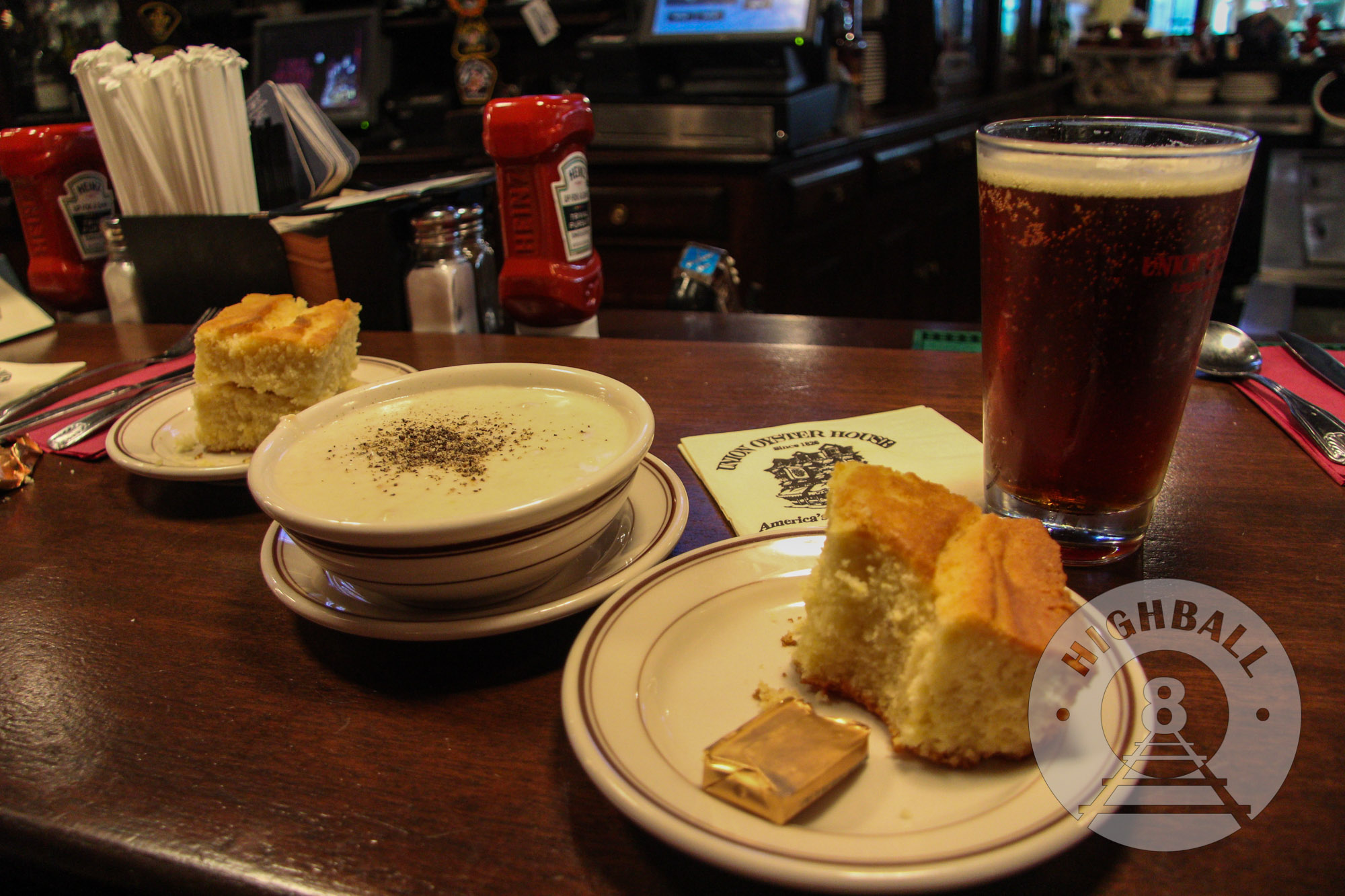 Clam chowder, cornbread, and Colonial Ale at Union Oyster House, Boston, Massachusetts, USA, 2014.