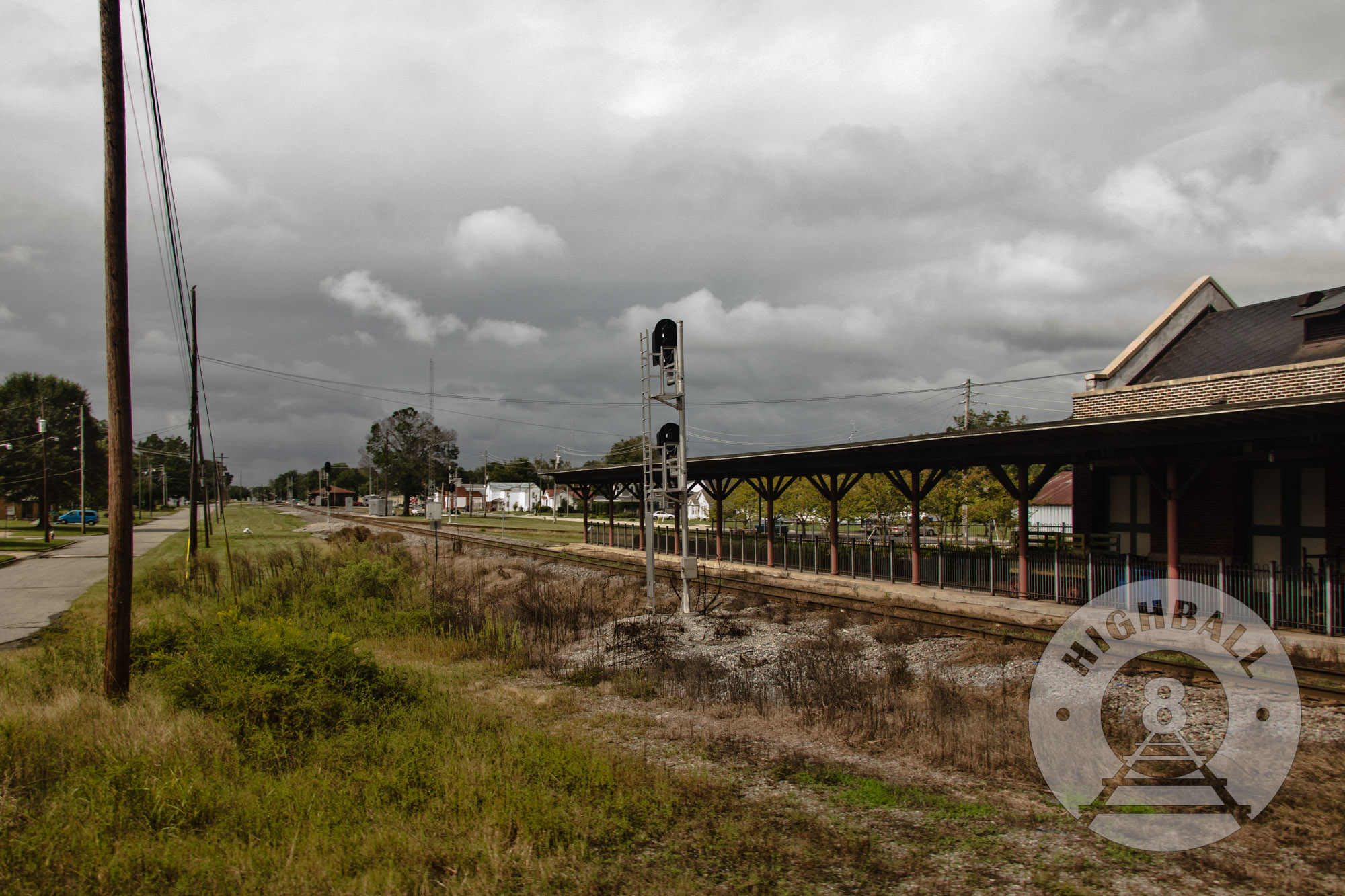 An old train station somewhere in the Carolinas, as seen from the Amtrak Palmetto, USA, 2015.