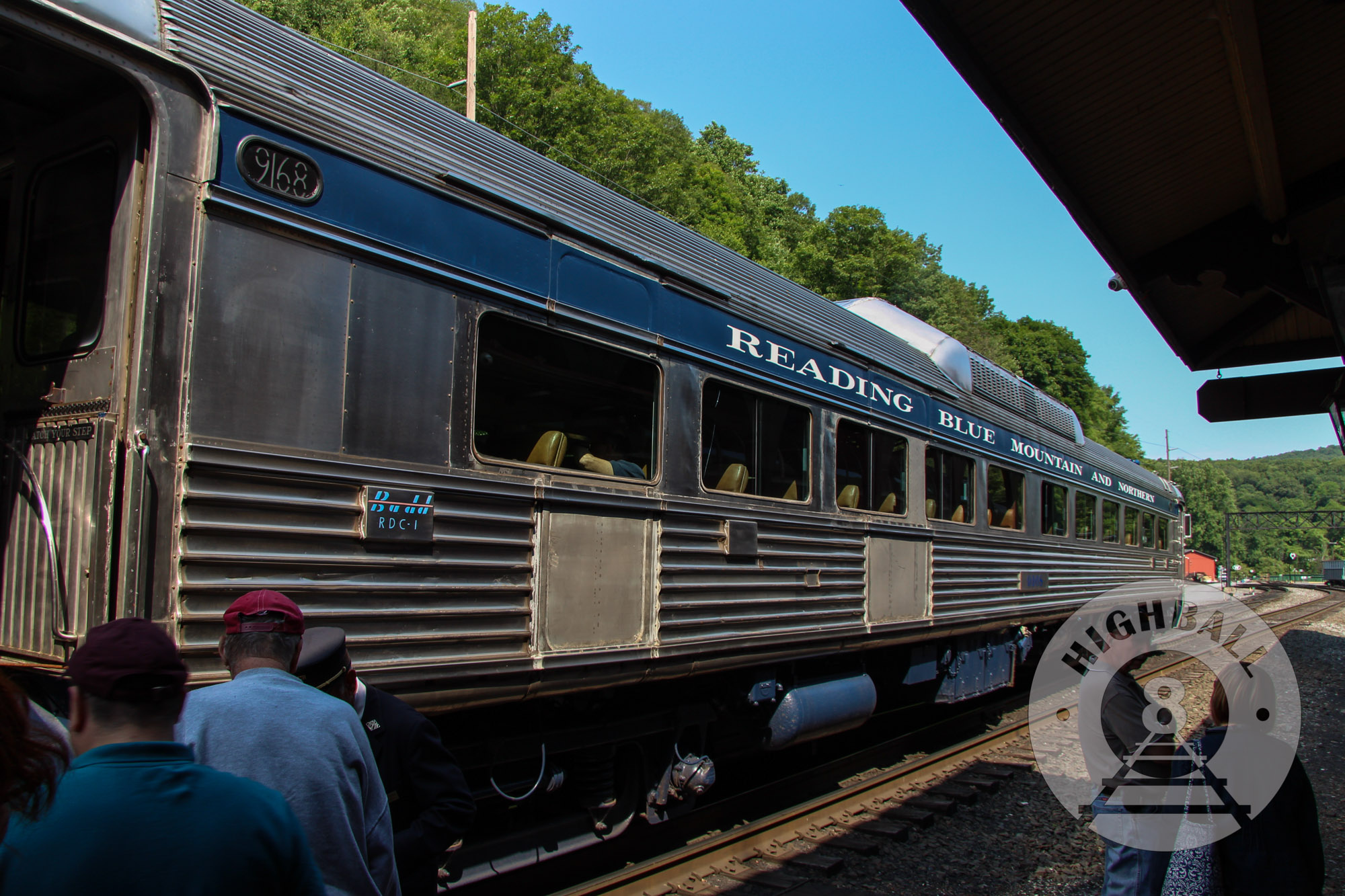 The RDC excursion special outside of the Reading Blue Mountain & Northern Railroad's corporate headquarters, a refurbished train station in Port Clinton, Pennsylvania, USA, 2016.