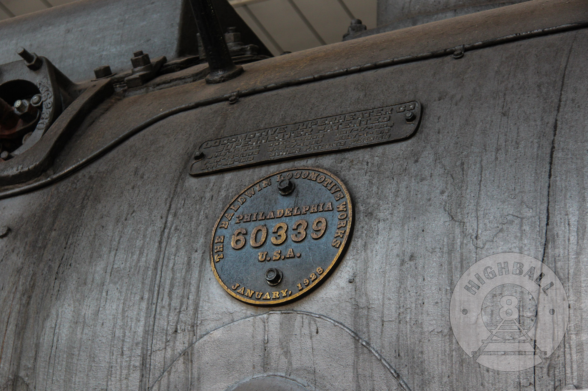 Detail of the tank of an old Baldwin Locomotive steam engine in the workshops of the Reading Blue Mountain & Northern Railroad, Port Clinton, Pennsylvania, USA, 2016.