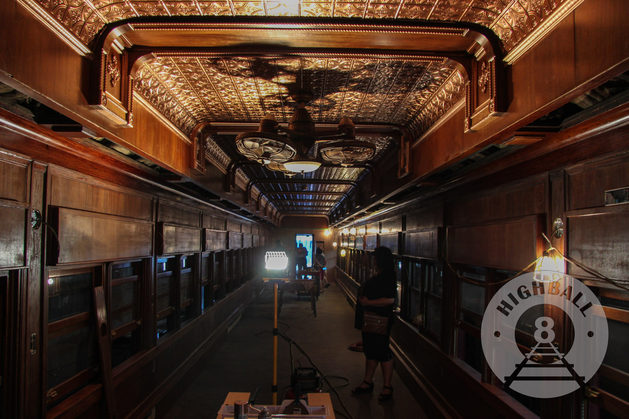 The interior of an classic luxury passenger car in the workshops of the Reading Blue Mountain & Northern Railroad, Port Clinton, Pennsylvania, USA, 2016.