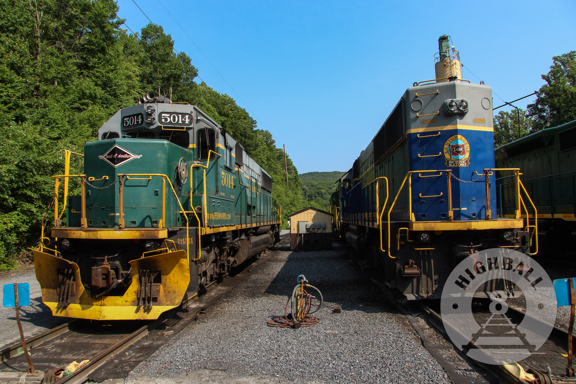 Diesel locomotives outside of the workshops of the Reading Blue Mountain & Northern Railroad, Port Clinton, Pennsylvania, USA, 2016.