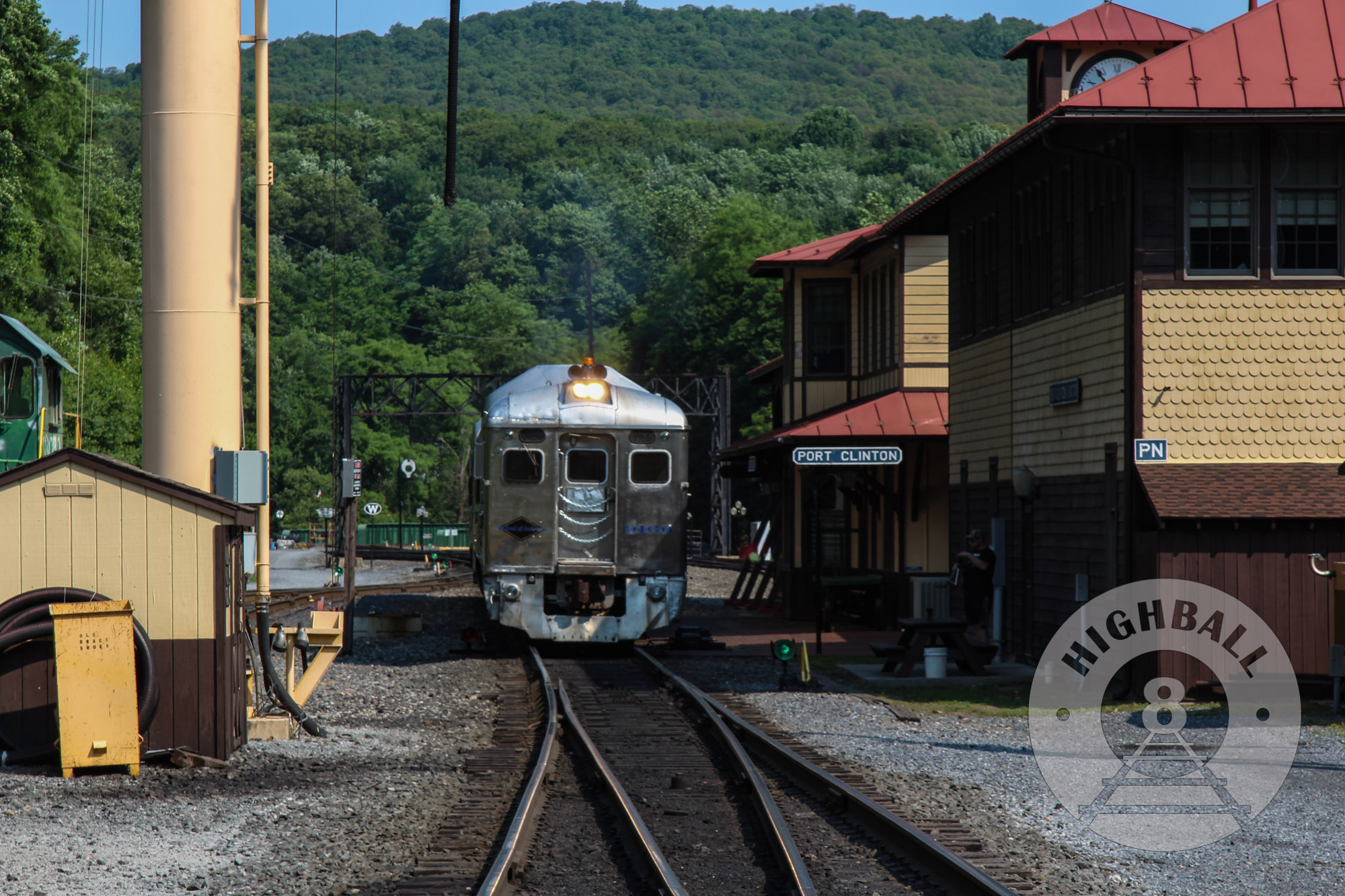 The RDC excursion special outside of the Reading Blue Mountain & Northern Railroad's corporate headquarters, a refurbished train station in Port Clinton, Pennsylvania, USA, 2016.