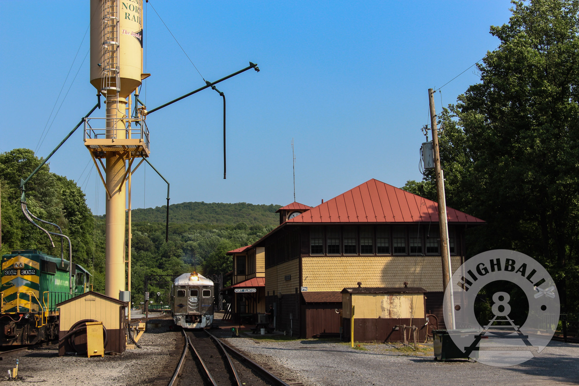 Exterior of the Reading Blue Mountain & Northern Railroad's corporate headquarters, a refurbished train station in Port Clinton, Pennsylvania, USA, 2016.