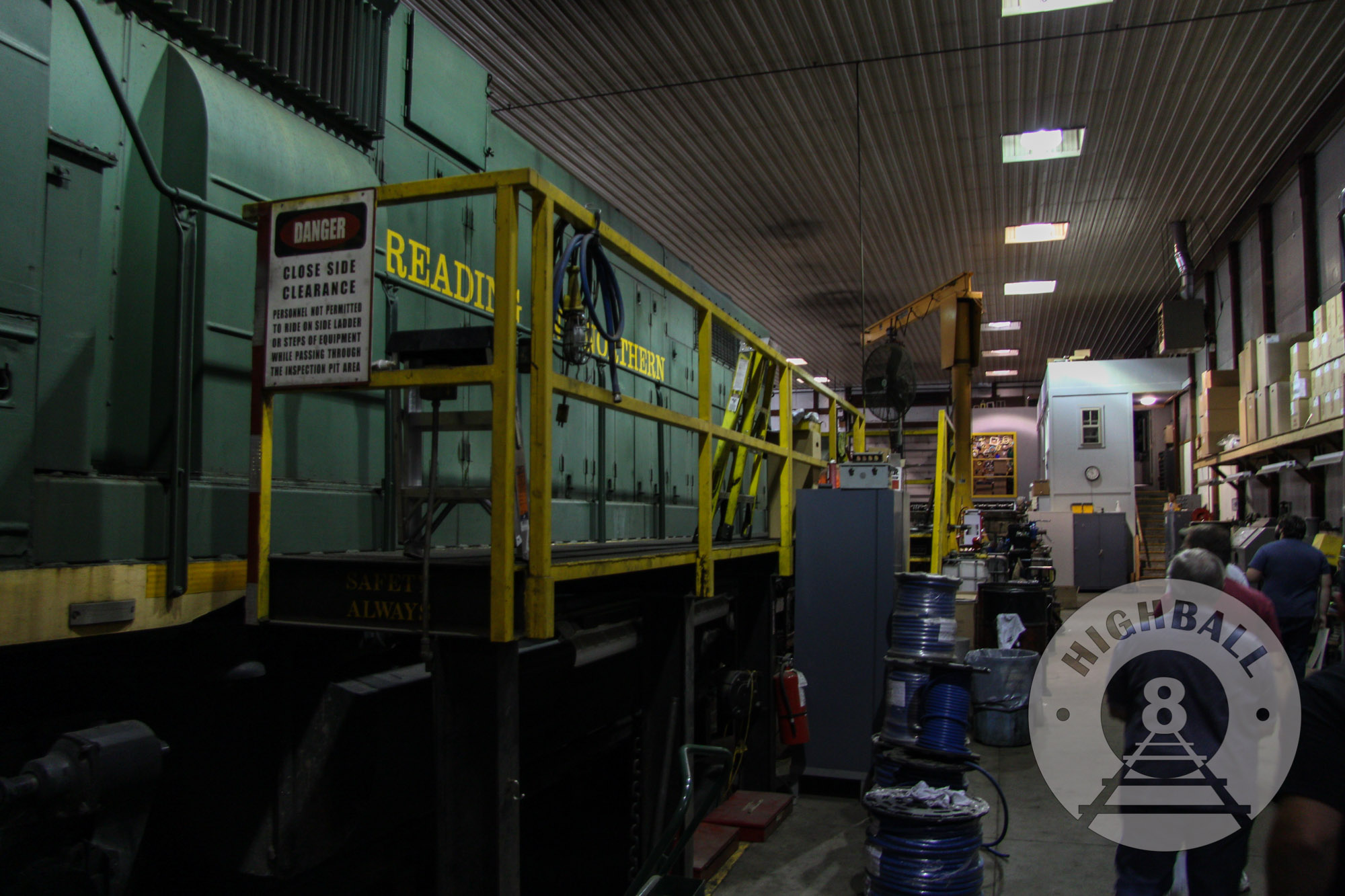 A diesel locomotive in the workshops of the Reading Blue Mountain & Northern Railroad, Port Clinton, Pennsylvania, USA, 2016.