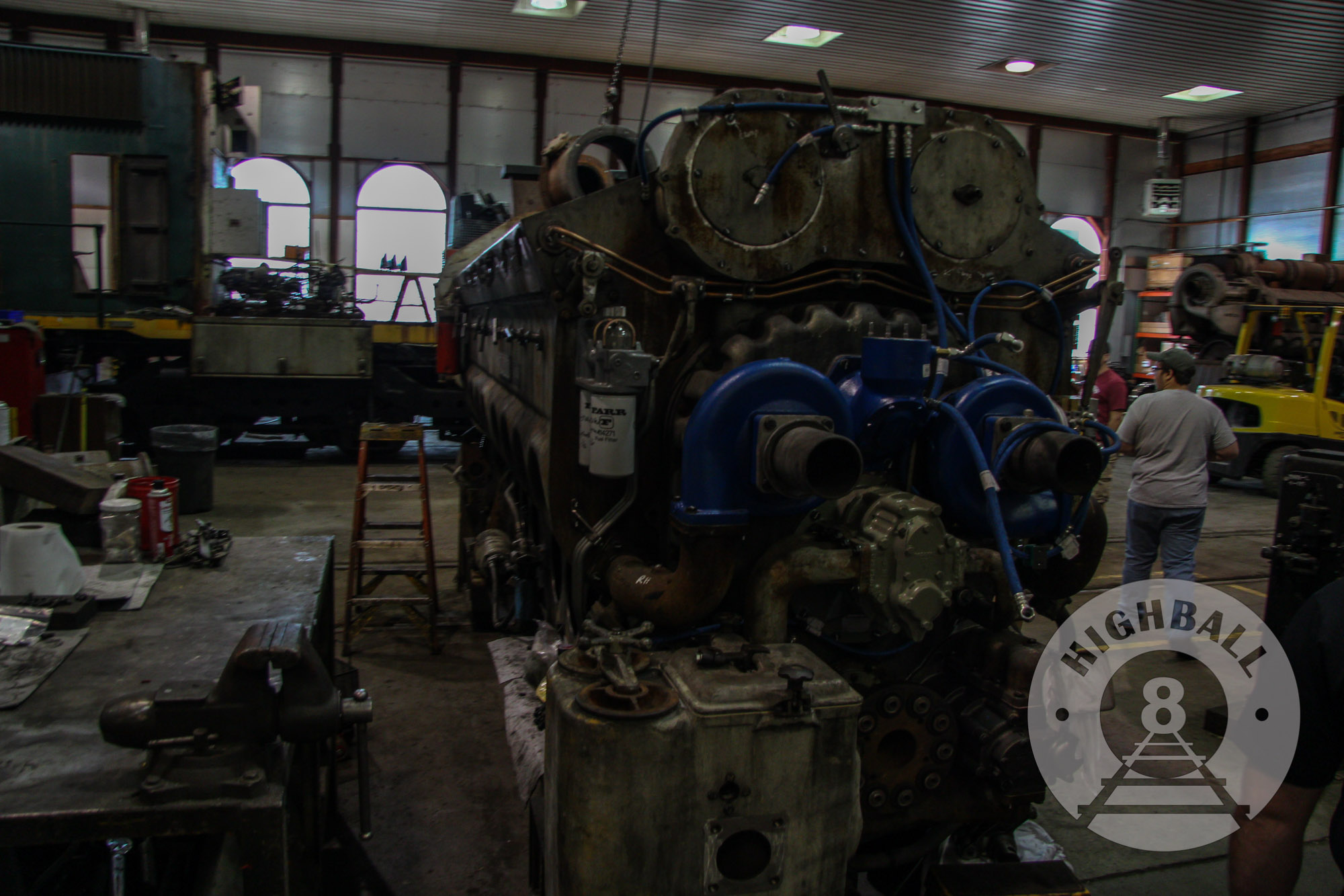 An engine in the workshops of the Reading Blue Mountain & Northern Railroad, Port Clinton, Pennsylvania, USA, 2016.