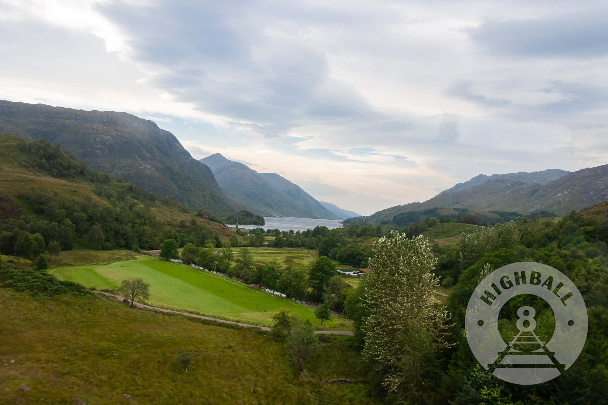 View down the River Finnan towards Loch Shiel, as seen from the Glenfinnan Viaduct, Glenfinnan, Scotland, UK, 2010.