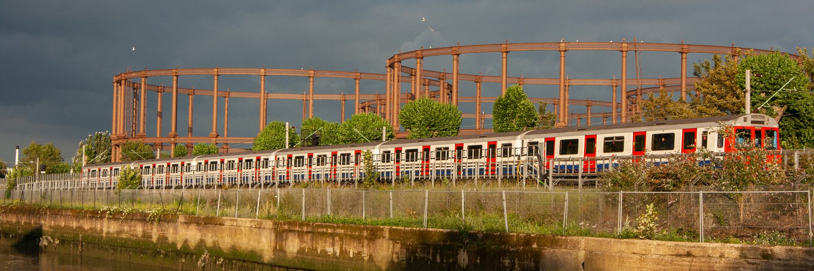 A District Line London Underground train near Three Mills, Bow, East London, UK, 2011.