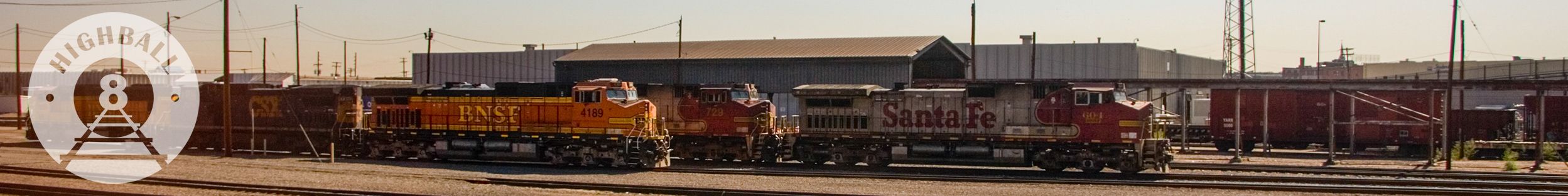 Locomotives belonging to BNSF (Burlington Northern Sante Fe Railroad) with various liveries or paint schemes, Denver, Colorado, 2008.