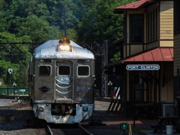 The RDC excursion special outside of the Reading Blue Mountain & Northern Railroad's corporate headquarters, a refurbished train station in Port Clinton, Pennsylvania, USA, 2015.
