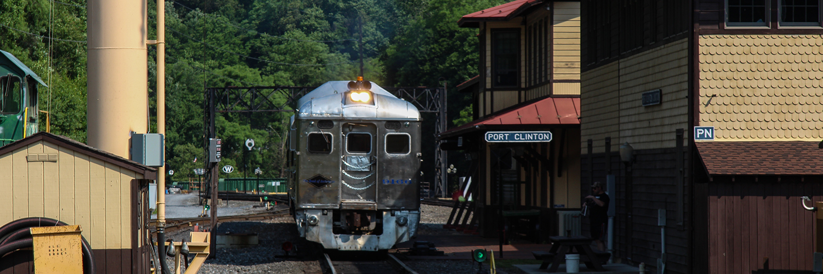 The RDC excursion special outside of the Reading Blue Mountain & Northern Railroad's corporate headquarters, a refurbished train station in Port Clinton, Pennsylvania, USA, 2015.