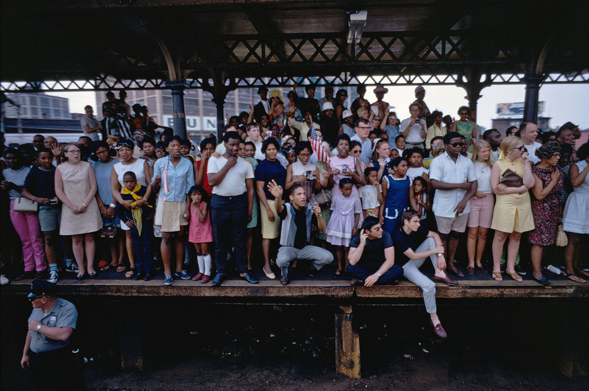 Mourners along the route of RFK's funeral train at North Philadelphia Station, Philadelphia, Pa., June 1968. From the Paul Fusco/LOOK Magazine Collection at the Library of Congress.