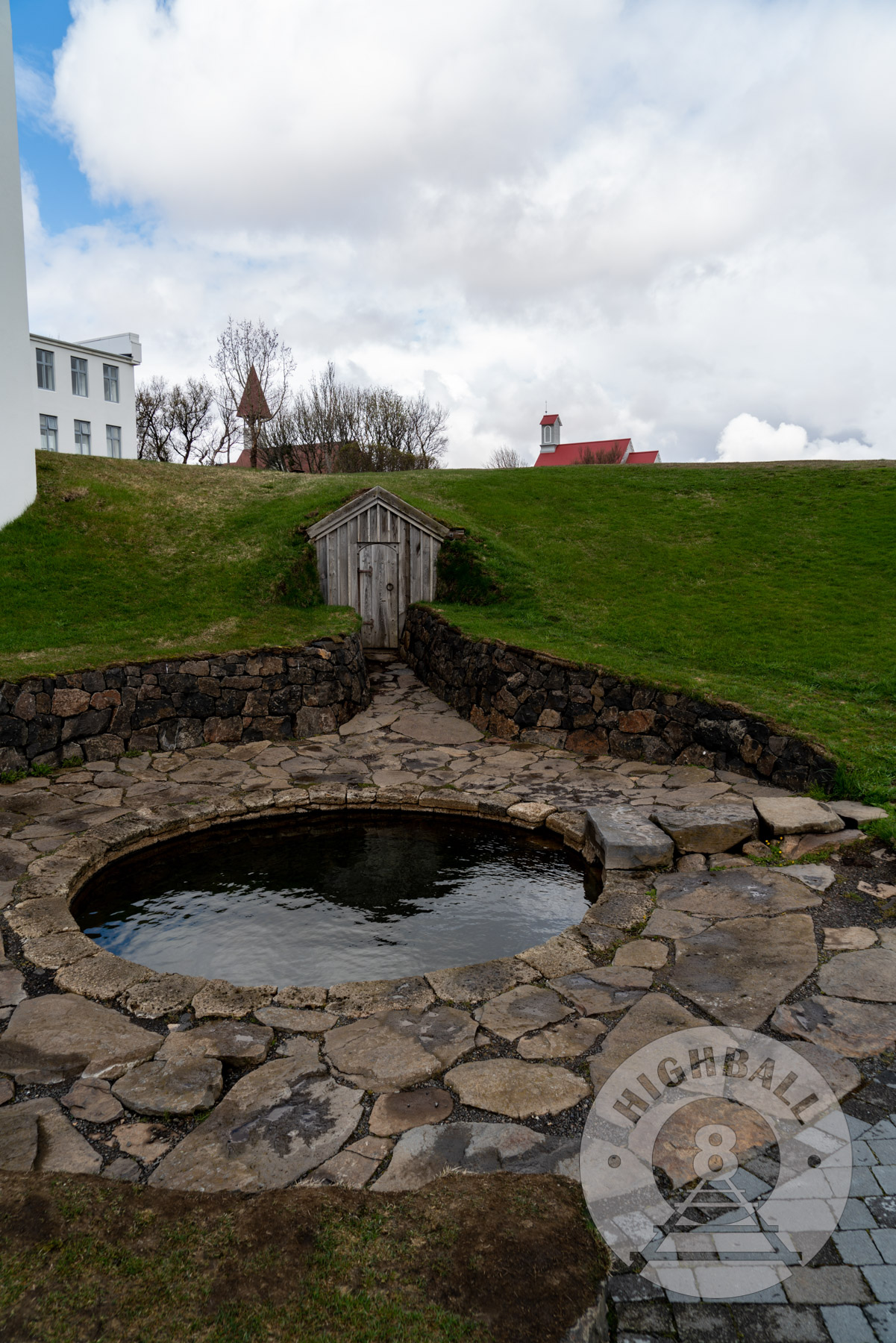 The Snorralaug, the hot springs of Icelandic historical figure Snorri Sturluson, Reykholt, Iceland, 2018.